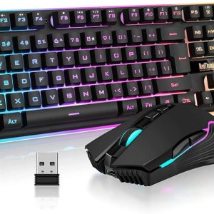 RedThunder K10 Combo de teclado y mouse inalámbricos para juegos, batería recargable con retroiluminación LED de 3800 mAh, teclado mecánico anti-fantasma + ratones 7D 3200DPI para PC Gamer (negro)