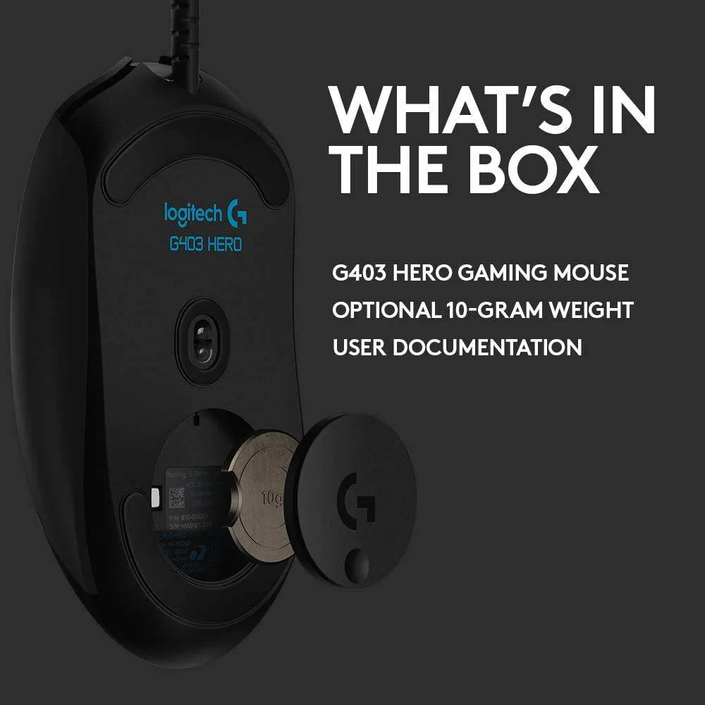 Logitech G403 Hero 25K - Ratón para juegos, Lightsync RGB, ligero 87G+10G opcional, cable trenzado, 25, 600 DPI, empuñaduras laterales de goma - Imagen 4