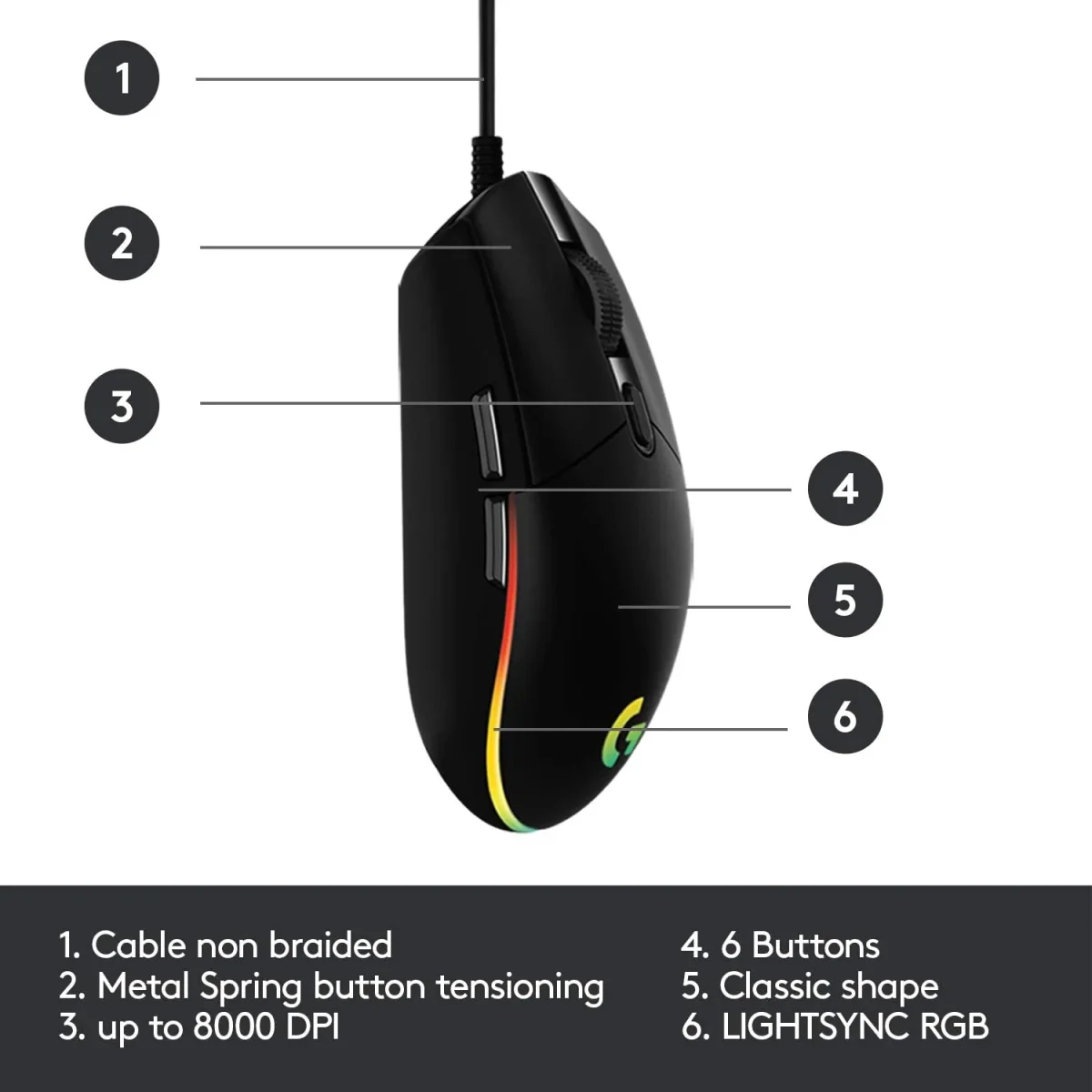 Logitech G203 - Ratón para juegos con cable, 8,000 DPI, efecto óptico arcoíris LIGHTSYNC RGB, 6 botones programables, memoria integrada, mapeo de pantalla, compatible con computadoras PC/Mac y portátiles - Negro - Imagen 4