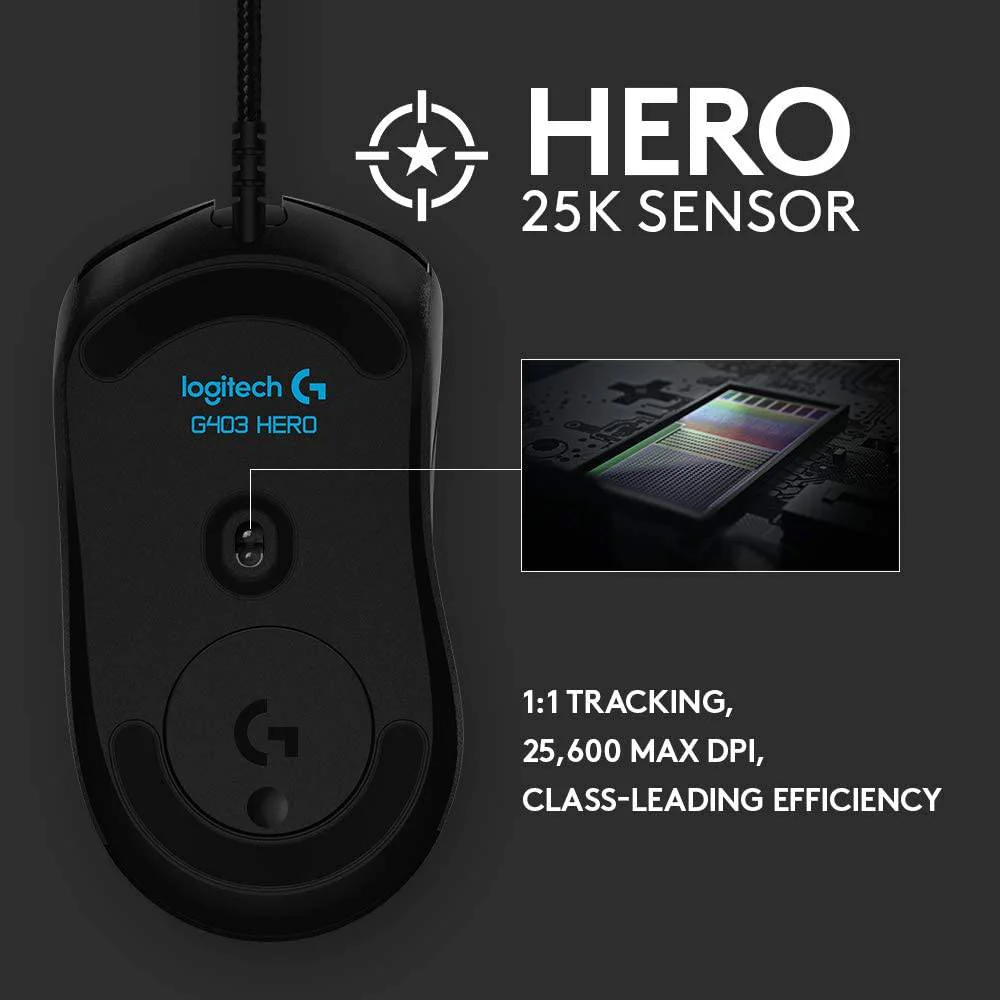 Logitech G403 Hero 25K - Ratón para juegos, Lightsync RGB, ligero 87G+10G opcional, cable trenzado, 25, 600 DPI, empuñaduras laterales de goma - Imagen 6