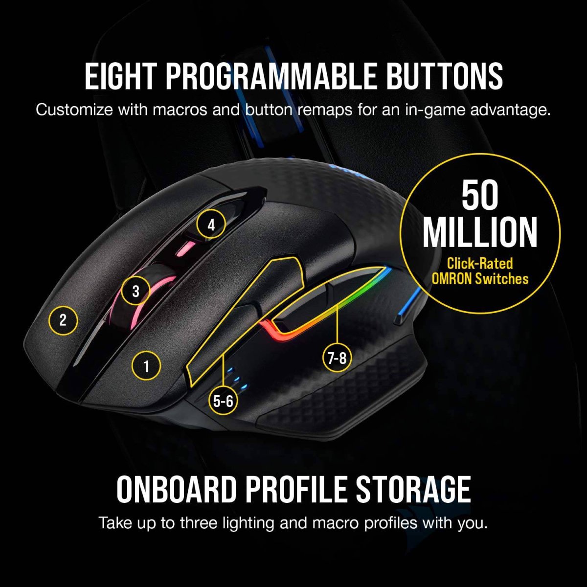 Corsair Dark Core RGB Pro, mouse inalámbrico para juegos FPS/MOBA con tecnología SLIPSTREAM, negro, LED RGB retroiluminado, 18000 DPI, óptico, CH-9315411-NA - Imagen 9