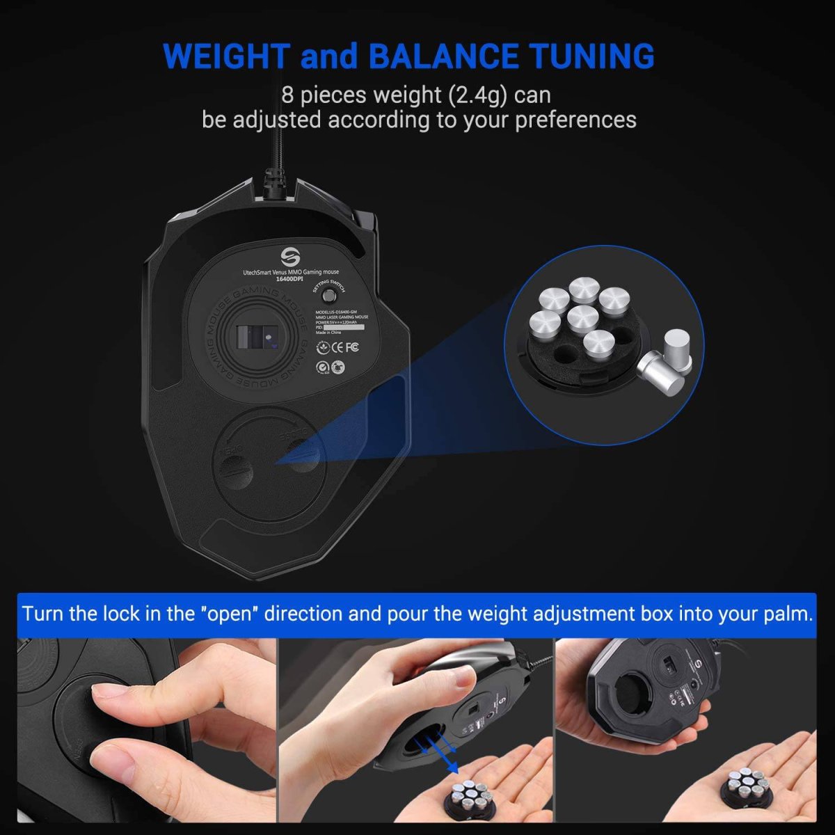 UtechSmart Venus Gaming Mouse RGB con cable, 16400 DPI Alta precisión láser programable MMO Computer Gaming Mouse - Imagen 5