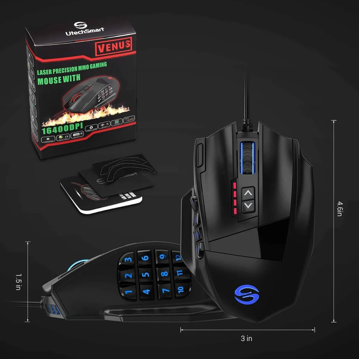 UtechSmart Venus Gaming Mouse RGB con cable, 16400 DPI Alta precisión láser programable MMO Computer Gaming Mouse - Imagen 4